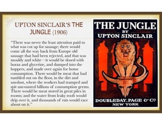 UPTON SINCLAIR’S THE
JUNGLE (1906)
“There was never the least attention paid to
what was cut up for sausage; there would
come all the way back from Europe old
sausage that had been rejected, and that was
mouldy and white—it would be dosed with
borax and glycerine, and dumped into the
hoppers, and made over again for home
consumption. There would be meat that had
tumbled out on the ﬂoor, in the dirt and
sawdust, where the workers had tramped and
spit uncounted billions of consumption germs.
There would be meat stored in great piles in
rooms; and the water from leaky roofs would
drip over it, and thousands of rats would race
about on it.”
 