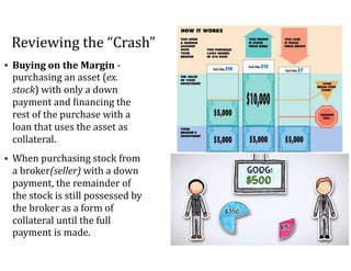 Reviewing	the	“Crash”
• Buying	on	the	Margin	-	
purchasing	an	asset	(ex.	
stock)	with	only	a	down	
payment	and	=inancing	the	
rest	of	the	purchase	with	a	
loan	that	uses	the	asset	as	
collateral.		
• When	purchasing	stock	from	
a	broker(seller)	with	a	down	
payment,	the	remainder	of	
the	stock	is	still	possessed	by	
the	broker	as	a	form	of	
collateral	until	the	full	
payment	is	made.	
 