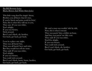 Big Bill Broonzy lyrics
Black, Brown And White blues lyrics
This little song that I'm singin' about,
Brother, you all know that it's true,
If you're black and gotta work for livin',
Now, this is what they will say to you,
They says: If you was white,
You's alright,
If you was brown,
Stick around,
But if you's black, oh, brother,
Get back, get back, get back.
I was in a place one night,
They was all havin' fun,
They was all buyin' beer and wine,
But they would not sell me none.
They said: If you was white,
You's alright,
If you was brown,
You could stick around,
But if you's black, hmm, hmm, brother,
Get back, get back, get back.
Me and a man was workin' side by side,
Now, this is what it meant:
They was payin' him a dollar an hour,
And they was payin' me ﬁfty cent.
They said: If you was white,
You'd be alright,
If you was brown,
You could stick around,
But if you's black, oh, brother,
Get back, get back, get back.
 