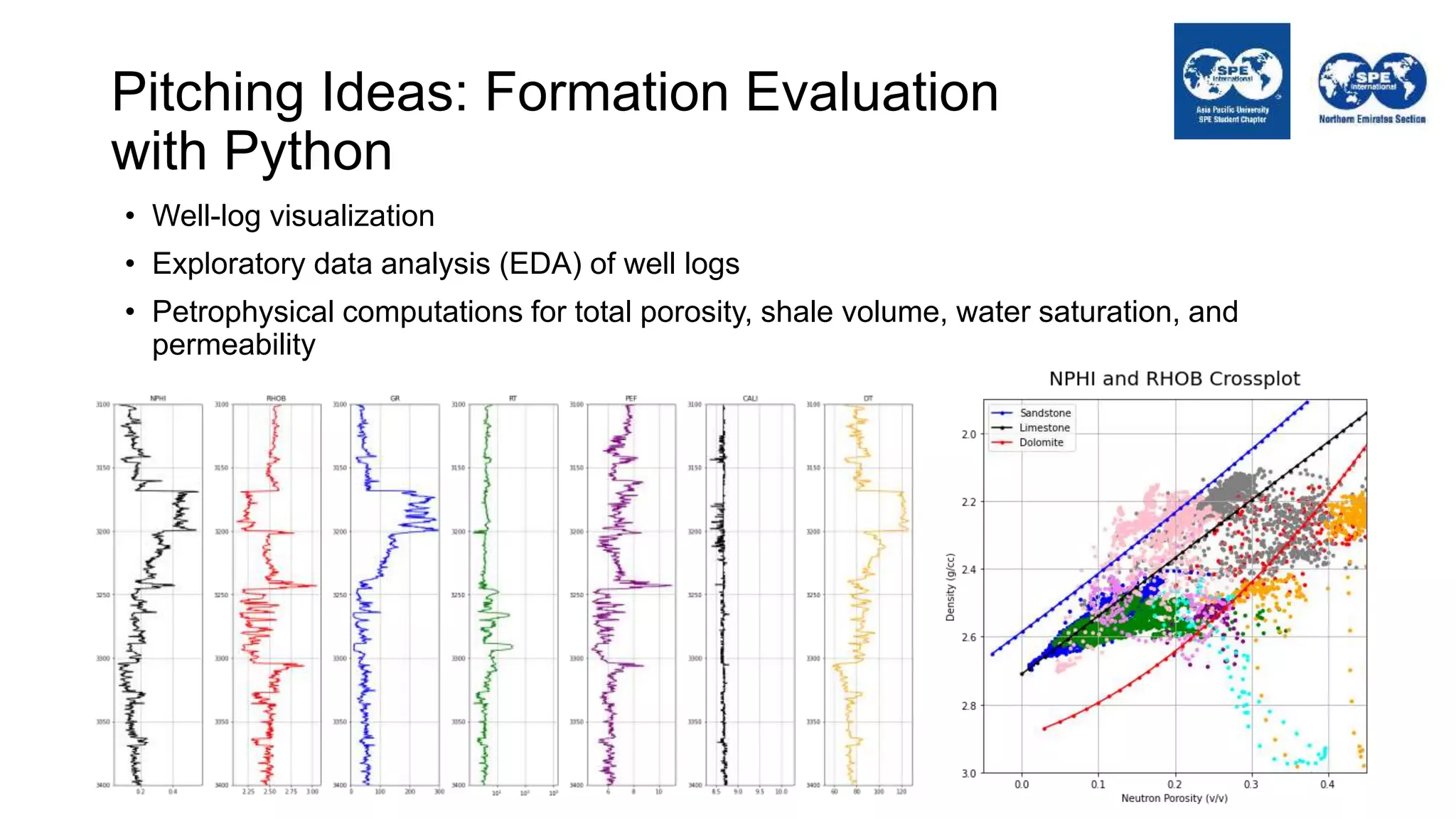 Pitching Ideas: Formation Evaluation
with Python
• Well-log visualization
• Exploratory data analysis (EDA) of well logs
• Petrophysical computations for total porosity, shale volume, water saturation, and
permeability
 