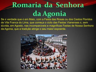 Romaria da Senhora
da Agonia
Se é verdade que é em Maio, com a Festa das Rosas ou dos Cestos Floridos
de Vila Franca do Lima, que começa o ciclo das Festas Vianenses é, sem
dúvida, em Agosto, nas incomparáveis e magníficas Festas de Nossa Senhora
da Agonia, que a tradição atinge o seu maior expoente.
 