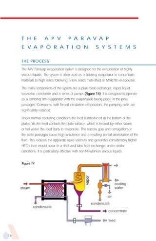 T H E            A P V             P A R A V A P
     E V A P O R A T I O N                                  S Y S T E M S

     THE PROCESS

     The APV Paravap evaporation system is designed for the evaporation of highly
     viscous liquids. The system is often used as a finishing evaporator to concentrate
     materials to high solids following a low solids multi-effect or MVR film evaporator.

     The main components of the system are a plate heat exchanger, vapor liquid
     separator, condenser and a series of pumps (Figure 14). It is designed to operate
     as a climbing film evaporator with the evaporation taking place in the plate
     passages. Compared with forced circulation evaporators, the pumping costs are
     significantly reduced.

     Under normal operating conditions the feed is introduced at the bottom of the
     plates. As the feed contacts the plate surface, which is heated by either steam
     or hot water, the feed starts to evaporate. The narrow gap and corrugations in
     the plate passages cause high turbulence and a resulting partial atomization of the
     fluid. This reduces the apparent liquid viscosity and generates considerably higher
     HTC’s than would occur in a shell and tube heat exchanger under similar
     conditions. It is particularly effective with non-Newtonian viscous liquids.


     Figure 14




16
 