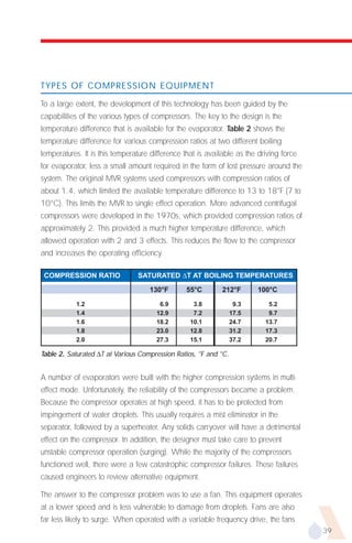 TYPES OF COMPRESSION EQUIPMENT

To a large extent, the development of this technology has been guided by the
capabilities of the various types of compressors. The key to the design is the
temperature difference that is available for the evaporator. Table 2 shows the
temperature difference for various compression ratios at two different boiling
temperatures. It is this temperature difference that is available as the driving force
for evaporator, less a small amount required in the form of lost pressure around the
system. The original MVR systems used compressors with compression ratios of
about 1.4, which limited the available temperature difference to 13 to 18°F (7 to
10°C). This limits the MVR to single effect operation. More advanced centrifugal
compressors were developed in the 1970s, which provided compression ratios of
approximately 2. This provided a much higher temperature difference, which
allowed operation with 2 and 3 effects. This reduces the flow to the compressor
and increases the operating efficiency.

 COMPRESSION RATIO              SATURATED ∆T AT BOILING TEMPERATURES
                                    130°F       55°C        212°F        100°C
           1.2                         6.9         3.8             9.3      5.2
           1.4                        12.9         7.2            17.5      9.7
           1.6                        18.2        10.1            24.7     13.7
           1.8                        23.0        12.8            31.2     17.3
           2.0                        27.3        15.1            37.2     20.7

Table 2. Saturated ∆T at Various Compression Ratios, °F and °C.


A number of evaporators were built with the higher compression systems in multi-
effect mode. Unfortunately, the reliability of the compressors became a problem.
Because the compressor operates at high speed, it has to be protected from
impingement of water droplets. This usually requires a mist eliminator in the
separator, followed by a superheater. Any solids carryover will have a detrimental
effect on the compressor. In addition, the designer must take care to prevent
unstable compressor operation (surging). While the majority of the compressors
functioned well, there were a few catastrophic compressor failures. These failures
caused engineers to review alternative equipment.

The answer to the compressor problem was to use a fan. This equipment operates
at a lower speed and is less vulnerable to damage from droplets. Fans are also
far less likely to surge. When operated with a variable frequency drive, the fans
                                                                                         39
 