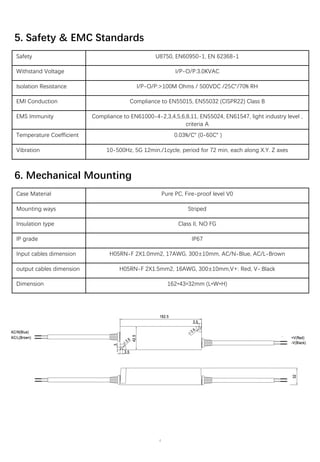 Safety U8750, EN60950-1, EN 62368-1
Withstand Voltage I/P-O/P:3.0KVAC
Isolation Resistance I/P-O/P:>100M Ohms / 500VDC /25℃/70% RH
EMI Conduction Compliance to EN55015, EN55032 (CISPR22) Class B
EMS Immunity Compliance to EN61000-4-2,3,4,5,6,8,11, EN55024, EN61547, light industry level ,
criteria A
Temperature Coefficient 0.03%/℃ (0-60℃ )
Vibration 10-500Hz, 5G 12min./1cycle, period for 72 min, each along X.Y. Z axes
4
5. Safety & EMC Standards
6. Mechanical Mounting
Case Material Pure PC, Fire-proof level V0
Mounting ways Striped
Insulation type Class II, NO FG
IP grade IP67
Input cables dimension H05RN-F 2X1.0mm2, 17AWG, 300±10mm, AC/N-Blue, AC/L-Brown
output cables dimension H05RN-F 2X1.5mm2, 16AWG, 300±10mm,V+: Red, V-:Black
Dimension 162*43*32mm (L*W*H)
 