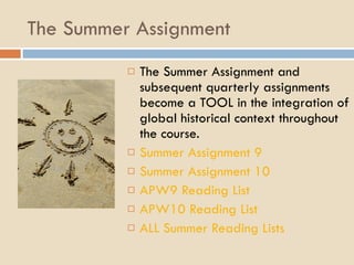 The Summer Assignment The Summer Assignment and subsequent quarterly assignments become a TOOL in the integration of global historical context throughout the course. Summer Assignment 9 Summer Assignment 10 APW9 Reading List APW10 Reading List ALL Summer Reading Lists 