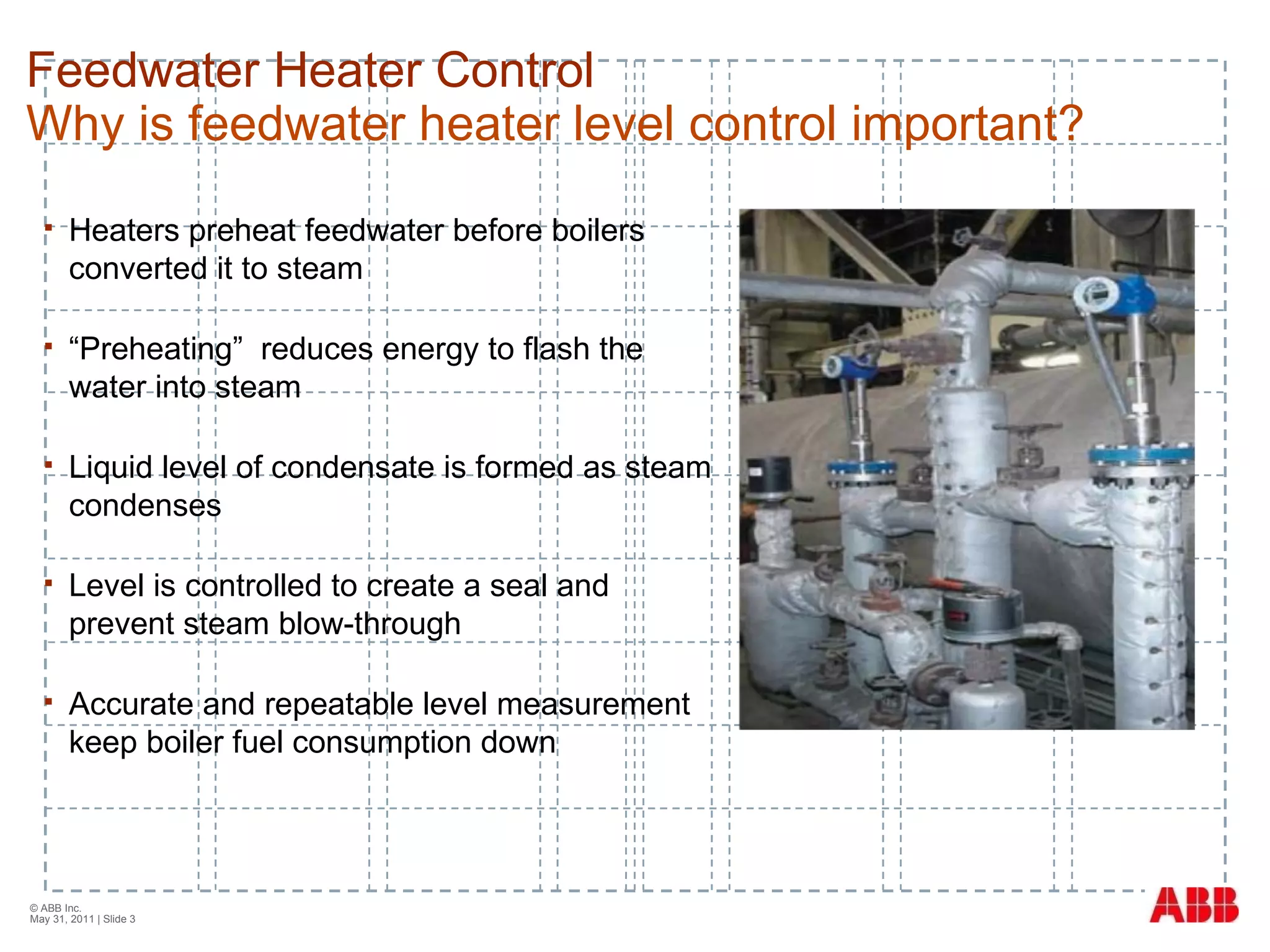 © ABB Inc.  May 31, 2011  | Slide  Feedwater Heater Control Why is feedwater heater level control important? Heaters preheat feedwater before boilers converted it to steam “ Preheating”  reduces energy to flash the water into steam Liquid level of condensate is formed as steam condenses  Level is controlled to create a seal and prevent steam blow-through Accurate and repeatable level measurement keep boiler fuel consumption down 