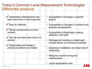 Hydrostatic measurement has been around for a very long time Easy to calibrate Rarely questioned as a level solution Can be serviced when tank is in service Dependable technology if process conditions are stable © ABB Inc.  May 31, 2011  | Slide  Today’s Common Level Measurement Technologies Differential pressure Susceptible to changes in specific gravity Susceptible to changes in ambient and process temperatures Susceptible to diaphragm coating, abrasion, and wear Damage and coating on diaphragm causes failure or erroneous readings Expensive installation and total cost of ownership Requires routine tuning and maintenance  Liquid applications only 