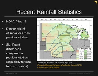 OHM-ADVISORS.COM ARCHITECTS. ENGINEERS. PLANNERS.
Recent Rainfall Statistics
• NOAA Atlas 14
• Denser grid of
observations than
previous studies
• Significant
differences
compared to
previous studies
(especially for less
frequent storms)
Source: NOAA Atlas 14, Volume 8 (2013)
Percent difference between NOAA Atlas 14 and TP40
for the 100-yr 24-hr rainfall
 