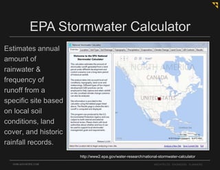 OHM-ADVISORS.COM ARCHITECTS. ENGINEERS. PLANNERS.
EPA Stormwater Calculator
http://www2.epa.gov/water-research/national-stormwater-calculator
Estimates annual
amount of
rainwater &
frequency of
runoff from a
specific site based
on local soil
conditions, land
cover, and historic
rainfall records.
 