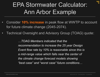 OHM-ADVISORS.COM ARCHITECTS. ENGINEERS. PLANNERS.
EPA Stormwater Calculator:
Ann Arbor Example
• Consider 10% increase in peak flow at WWTP to account
for future climate change (2045-2074).
• Technical Oversight and Advisory Group (TOAG) quote:
…TOAG Members indicated that the
recommendation to increase the 25 year Design
Event flow rate by 10% is reasonable since this is
a mid-range value which falls near the center of
the climate change forecast models showing
“best case” and “worst case” future conditions…
 