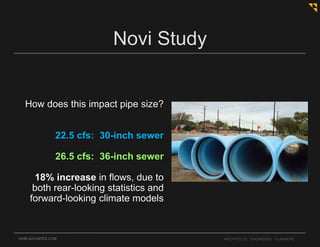 OHM-ADVISORS.COM ARCHITECTS. ENGINEERS. PLANNERS.
Novi Study
How does this impact pipe size?
22.5 cfs: 30-inch sewer
26.5 cfs: 36-inch sewer
18% increase in flows, due to
both rear-looking statistics and
forward-looking climate models
 