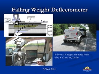 Falling Weight DeflectometerFalling Weight Deflectometer
8 drops at 4 heights simulated loads
of 6, 8, 12 and 16,000 lbs
APWA 2014APWA 2014
 