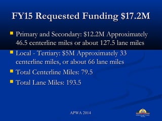 FY15 Requested Funding $17.2MFY15 Requested Funding $17.2M
? Primary and Secondary: $12.2M ApproximatelyPrimary and Secondary: $12.2M Approximately
46.5 centerline miles or about 127.5 lane miles46.5 centerline miles or about 127.5 lane miles
? Local - Tertiary: $5M Approximately 33Local - Tertiary: $5M Approximately 33
centerline miles, or about 66 lane milescenterline miles, or about 66 lane miles
? Total Centerline Miles: 79.5Total Centerline Miles: 79.5
? Total Lane Miles: 193.5Total Lane Miles: 193.5
APWA 2014APWA 2014
 