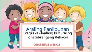 Araling Panlipunan
Pagkakakilanlang Kultural ng
Kinabibilangang Rehiyon
QUARTER 3 WEEK 3
D
A
Y
2
 