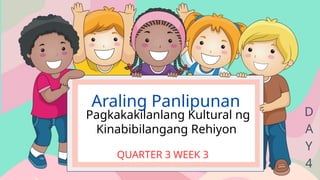Araling Panlipunan
Pagkakakilanlang Kultural ng
Kinabibilangang Rehiyon
QUARTER 3 WEEK 3
D
A
Y
4
 