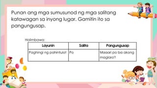 Punan ang mga sumusunod ng mga salitang
katawagan sa inyong lugar. Gamitin ito sa
pangungusap.
 