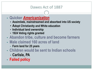 Full-time hunters made quick money: Billy Dixon and Bill CodySand Creek MassacreGold discoveries in 1850’s and 1860s led to population growth in Colorado TerritoryViolence against wagon trains, mining camps, and others Colorado Governor John Evans asked Colonel John Chivington to end Indian attacks Black Kettle’s band of Cheyenne were destroyedArmy killed over 200~½ women and children"All we ask is that we have peace with the whites. We want to hold you by the hand. You are our father… These braves who are with me are willing to do what I say. We want to take good tidings home to our people, that they may sleep in peace. I want you to give all these chiefs of the soldiers here to understand that we are for peace, and that we have made peace, that we may not be mistaken by them for enemies. 