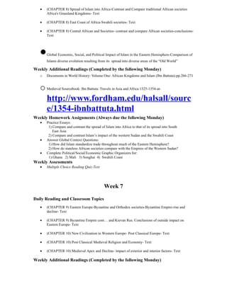 •   (CHAPTER 8) Spread of Islam into Africa-Contrast and Compare traditional African societies
       Africa's Grassland Kingdoms- Text

   •   (CHAPTER 8) East Coast of Africa-Swahili societies- Text

   •   (CHAPTER 8) Central African and Societies- contrast and compare African societies-conclusions-
       Text




   •   Global Economic, Social, and Political Impact of Islam in the Eastern Hemisphere-Comparison of
       Islams diverse evolution resulting from its spread into diverse areas of the “Old World”

Weekly Additional Readings (Completed by the following Monday)
   o   Documents in World History: Volume One: African Kingdoms and Islam (Ibn Battuta)-pp.266-271


   o Medieval Sourcebook: Ibn Battuta: Travels in Asia and Africa 1325-1354-at-
     http://www.fordham.edu/halsall/sourc
     e/1354-ibnbattuta.html
Weekly Homework Assignments (Always due the following Monday)
   •   Practice Essays:
        1) Compare and contrast the spread of Islam into Africa to that of its spread into South
           East Asia
        2) Compare and contrast Islam’s impact of the western Sudan and the Swahili Coast
   •   Answer Global Context Questions:
        1) How did Islam standardize trade throughout much of the Eastern Hemisphere?
        2) How do stateless African societies compare with the Empires of the Western Sudan?
   •   Complete Political/Social/Economic Graphic Organizers for:
        1) Ghana 2) Mali 3) Songhai 4) Swahili Coast
Weekly Assessments
   •   Multiple Choice Reading Quiz-Text




                                             Week 7

Daily Reading and Classroom Topics
   •   (CHAPTER 9) Eastern Europe-Byzantine and Orthodox societies-Byzantine Empire-rise and
       decline- Text

   •   (CHAPTER 9) Byzantine Empire cont… and Kievan Rus. Conclusions of outside impact on
       Eastern Europe- Text

   •   (CHAPTER 10) New Civilization in Western Europe- Post Classical Europe- Text

   •   (CHAPTER 10) Post Classical Medieval Religion and Economy- Text

   •   (CHAPTER 10) Medieval Apex and Decline- impact of exterior and interior factors- Text

Weekly Additional Readings (Completed by the following Monday)
 