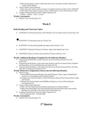 2) Discuss the changes in Aztec Culture from their time as mercenary nomads to their time of
           contact with the Spanish
   •   Answer Global Context Questions:
        1) How does Aztec human sacrifice compare to examples of human sacrifice in the “old World?”
        2) How did the Inca conquer and govern such a sizable empire in such a short amount of time?
   •   Complete Political/Social/Economic Graphic Organizers for:
        1) Olmec 2) Maya 3) Inca 4) Aztec
Weekly Assessments
   •   Multiple Choice Reading Quiz-Text



                                            Week 9

Daily Reading and Classroom Topics
   •   (CHAPTER 12) Chinese Renaissance and Unification- Sui rise, decline and rise of the Tang- Text




   •   (CHAPTER 12) Tang decline and rise of Song- Text


   •   (CHAPTER 12) Tang and Song golden age legacy and conclusions- Text

   •   (CHAPTER 13) Spread of Chinese Civilization- Japan in the Imperial Age- Text

   •   (CHAPTER 13) Korea -Vietnam and conclusion of Chinese influence- Text

Weekly Additional Readings (Completed by the following Monday)
   •   Experiencing World History: Gender Structures in the Post-Classical Period: East Asia-
       pp.226-228
   •   Experiencing World History: Labor and Leisure Systems in the Post-Classical Period: Feudalism
       and Manorialism in Circum Meditarranian and Japan 234-236
   •   Experiencing World History: Labor and Leisure Systems in the Post-Classical Period: The State
       and Labor in Prosperous China-pp.237-239
Weekly Homework Assignments (Always due the following Monday)
   •   Practice Essays:
        1) Create DBQ Documents and Prompt with sample Response (Topic: impact of global belief
           systems on various global cultures and their classes)
        2) Compare and contrast the degree to which Sinification influenced Post-Classical Korea, Japan,
           and Vietnam.
        3) Discuss how did the attitude toward Buddhism changed over time in China during the
           Sui/Tang/Song Era?
   •   Answer Global Context Questions:
        1) Why is the Sui/Tang/Song Era considered a Renaissance in Chinese History?
        2) What is the relationship in Sui/Tang/Song China between the Scholar-Gentry class and the
           Merchant class and what are the causes of this relationship? why
   •   Complete Political/Social/Economic Graphic Organizers for:
        1) Sui/Tang/Song China 2) Feudal Japan
Weekly Assessments
   •   Multiple Choice Reading Quiz-Text



                                         2nd Quarter
 