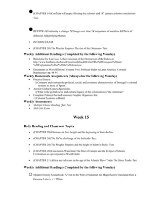 •   (CHAPTER 19) Conflicts in Europe effecting the colonies and 18th century reforms-conclusions-
       Text



   •   REVIEW-1)Continuity v. change 2)Change over time 3)Comparison of societies 4)Effects of
       diffusion 5)Identifying themes

   •   INTERIM EXAM

   •   (CHAPTER 20) The Muslim Empires-The rise of the Ottomans- Text

Weekly Additional Readings (Completed by the following Monday)
   •   Bartolome De Las Casa: A short Account of the Destruction of the Indies-at-
       http://www.fordham.edu/halsall/mod/modsbook08.html#The%20Conquest%20and
       %20Exploitation%20of%20the%20Americas
   •   Documents in World History: Volume Two: Political Styles in Latin America: Colonial
       Bureaucracy-pp. 88-91
Weekly Homework Assignments (Always due the following Monday)
   •   Practice Essays:
        1) Compare and contrast the political, social, and economic characteristics of Portugal’s colonial
           systems to those of Spain.
   •   Answer Global Context Questions:
        1) What is the global racial and cultural legacy of the colonization of the Americas?
   •   Complete Political/Social/Economic Graphic Organizers for:
       1) Colonial Systems in Brazil
Weekly Assessments
   •   Multiple Choice Reading Quiz-Text
   •   Mid-Unit Exam


                                             Week 15

Daily Reading and Classroom Topics
   •   (CHAPTER 20) Ottomans at their height and the beginning of their decline

   •   (CHAPTER 20) The Shi'ite challenge of the Safavids- Text

   •   (CHAPTER 20) The Mughal Empires and the height of Islam in India- Text

   •   (CHAPTER 20) Conclusion-Watershed-The Rise of Europe and the Eclipse of Islamic
       Civilization as a pivot point to World Order

   •   (CHAPTER 21) Africa and Africans in the age of the Atlantic Slave Trade-The Slave Trade- Text

Weekly Additional Readings (Completed by the following Monday)

   o Modern History Sourcebook: A Visit to the Wife of Suleiman the Magnificent (Translated from a
       Genoese Letter), c. 1550-at-
 