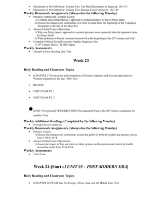 •   Documents in World History: Volume Two: The Meiji Restoration in Japan-pp. 165-173
   •   Documents in World History: Volume Two: Russian Conservatism-pp. 142-149
Weekly Homework Assignments (Always due the following Monday)
   •   Practice Contrast and Compare Essays:
        1) Compare and contrast Russia’s approach to industrialization to that of Meiji Japan
        2) Discuss the changes and continuities over time in Japan from the beginning of the Tokugawa
            Shogunate to the end of the Meiji Era
   •   Answer Global Context Questions:
        1) Why was Meiji Japan’s approach to western pressure more successful than the approach taken
           by Qing China?
        2) What problems in Russia remained unresolved at the beginning of the 20th century and why?
   •   Complete Political/Social/Economic Graphic Organizers for:
        1) 19th Century Russia 2) Meiji Japan
Weekly Assessments
   •   Multiple Choice Reading Quiz-Text


                                            Week 23

Daily Reading and Classroom Topics
   •   (CHAPTER 27) Conclusion and comparison of Chinese, Japanese and Russian approaches to
       Western expansion in the late 1800s-Text

   •   REVIEW

   •   UNIT EXAM PT. 1

   •   UNIT EXAM PT. 2



   •   [UNIT 1914-present] PERIODIZATION-The Industrial West in the 20th Century-conditions for
       conflict- Text

Weekly Additional Readings (Completed by the following Monday)
   •   Provided Review Materials
Weekly Homework Assignments (Always due the following Monday)
   •   Practice Essays:
        1) Discuss the changes and continuities around the globe for both the middle and peasant classes
           from 1750 to 1914
   •   Answer Global Context Questions:
        1) Assess the impact of free and coercive labor systems on the creation and control of wealth
           around the world from 1750-1914
Weekly Assessments
   •   Unit Exam



       Week 24-[Start of UNIT #5 – POST-MODERN ERA]

Daily Reading and Classroom Topics

   •   (CHAPTER 28) World War I in Europe, Africa, Asia, and the Middle East- Text
 