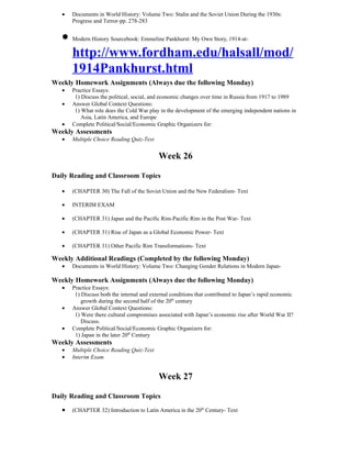 •   Documents in World History: Volume Two: Stalin and the Soviet Union During the 1930s:
       Progress and Terror-pp. 278-283


   • Modern History Sourcebook: Emmeline Pankhurst: My Own Story, 1914-at-
     http://www.fordham.edu/halsall/mod/
     1914Pankhurst.html
Weekly Homework Assignments (Always due the following Monday)
   •   Practice Essays:
        1) Discuss the political, social, and economic changes over time in Russia from 1917 to 1989
   •   Answer Global Context Questions:
        1) What role does the Cold War play in the development of the emerging independent nations in
           Asia, Latin America, and Europe
   •   Complete Political/Social/Economic Graphic Organizers for:
Weekly Assessments
   •   Multiple Choice Reading Quiz-Text


                                            Week 26

Daily Reading and Classroom Topics

   •   (CHAPTER 30) The Fall of the Soviet Union and the New Federalism- Text

   •   INTERIM EXAM

   •   (CHAPTER 31) Japan and the Pacific Rim-Pacific Rim in the Post War- Text

   •   (CHAPTER 31) Rise of Japan as a Global Economic Power- Text

   •   (CHAPTER 31) Other Pacific Rim Transformations- Text

Weekly Additional Readings (Completed by the following Monday)
   •   Documents in World History: Volume Two: Changing Gender Relations in Modern Japan-

Weekly Homework Assignments (Always due the following Monday)
   •   Practice Essays:
        1) Discuss both the internal and external conditions that contributed to Japan’s rapid economic
           growth during the second half of the 20th century
   •   Answer Global Context Questions:
        1) Were there cultural compromises associated with Japan’s economic rise after World War II?
           Discuss.
   •   Complete Political/Social/Economic Graphic Organizers for:
        1) Japan in the later 20th Century
Weekly Assessments
   •   Multiple Choice Reading Quiz-Text
   •   Interim Exam


                                            Week 27

Daily Reading and Classroom Topics
   •   (CHAPTER 32) Introduction to Latin America in the 20th Century- Text
 