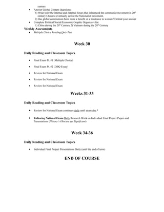 century
   •   Answer Global Context Questions:
        1) What were the internal and external forces that influenced the communist movement in 20th
           century China to eventually defeat the Nationalist movement.
        2) Has global communism been more a benefit or a hindrance to women? Defend your answer
   •   Complete Political/Social/Economic Graphic Organizers for:
        1) China during the 20th Century 2) Vietnam during the 20th Century
Weekly Assessments
   •   Multiple Choice Reading Quiz-Text



                                             Week 30

Daily Reading and Classroom Topics

   •   Final Exam Pt. #1 (Multiple Choice)

   •   Final Exam Pt. #2 (DBQ Essay)

   •   Review for National Exam

   •   Review for National Exam

   •   Review for National Exam


                                         Weeks 31-33

Daily Reading and Classroom Topics

   •   Review for National Exam continues daily until exam day.*

   •   Following National Exam-Daily Research Work on Individual Final Project Papers and
       Presentations (History’s Obscure yet Significant)



                                          Week 34-36

Daily Reading and Classroom Topics

   •   Individual Final Project Presentations Daily (until the end of term)


                                    END OF COURSE
 
