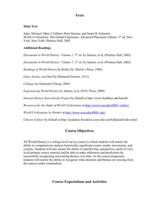 Texts

Main Text

Adas, Michael, Marc J. Gilbert, Peter Stearns, and Stuart B. Schwartz.
World Civilizations: The Global Experience: Advanced Placement Edition. 3rd ed. New
York, New York: Prentice Hall, 2003

Additional Readings

Documents in World History: Volume 1. 3rd ed. by Stearns, et al. (Prentice Hall, 2003)

Documents in World History: Volume 2. 3rd ed. by Stearns, et al. (Prentice Hall, 2003)

Readings in World History by Reilly (St. Martin’s Press, 1988)

Guns, Germs, and Steel by Diamond (Norton, 1911)

Collapse by Diamond (Viking, 2005)

Experiencing World History by Adams, et al. (NYU Press, 2000)

Internet History Sourcebooks Project by Halsall at http://www.fordham.edu/halsall/

Resources for the Study of World Civilizations at http://www.wsu.edu:8080/~wldciv/

World Civilizations by Hooker at http://www.wsu.edu:8080/~dee/

Chinese Culture by Halsall at http://academic.brooklyn.cuny.edu/core9/phalsall/index.html


                                  Course Objectives

AP World History is a college level survey course in which students will master the
ability to comparatively analyze historically significant events, trends, movements, and
systems. Students will also master the ability to identify bias, perspective, point of view,
in all primary source material and be able to make inferences and predictions by
successfully recognizing reoccurring themes over time. As the course progresses,
students will master the ability to recognize what elements and themes are missing from
the sources under examination.




                        Course Expectations and Activities
 