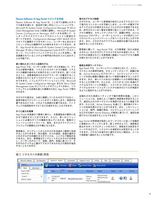 Flexera Software の App Portal でストアを作成
Flexera Software の App Portal は、ここまでに説明したすべ
ての条件を満たす、総合的で統一的なソリューションです。
Microsoft の System Center Configuration Manager や Altiris
Client Management Suite と密接に連携し、Microsoft の System
Center Configurat ion Manager のデータを活用して、エ
ンタープライズアプリストアでのインベントリ管理をサ
ポートできます。Configuration Manager 2007 および 2012
ですべての展開タイプをサポートし、ユーザー中心またはコ
ンピュータ中心の展開モデルの両方をサポートできます。ま
た、App Portal は Microsoft の System Center Configuration
Manager や Altiris Client Management Suite のステータスメッ
セージ、マシンのインベントリやコレクションを活用し、現
在展開されているシステムや専門性の利点をフルに活かすこ
とも可能です。
使い慣れたオンライン店頭モデル
App Portal では、ユーザーは単一のポータルを経由して、アイ
テムの参照や要求、リクエストのステータスの確認、リクエ
ストの履歴の表示などを実行することができます。図 1 に示
すように、消費者指向のカタログでユーザーが要求すること
が認められているすべてのアプリケーションを表示すること
ができます。こうしたアプリケーションとしては、Microsoft
の System Center Configuration Manager または Altiris Client
Management Suite のソフトウェアオブジェクトがあり、ソフ
トウェアによる店頭を通じた展開のために App Portal で発行
されます。
カタログの表示は、以前に展開していたものだけではなく、
使用可能なアプリケーションをすべて表示します。承認が必
要であるかどうか、どのような承認が必要であるか、ハード
ウェアの前提条件やコストなどを表示することもできます。
すぐに威力を発揮
App Portal を高速かつ簡単に導入し、お客様独自の要件に合
わせて設定することができます。さらに、単一のソリュー
ションに必要なすべての機能を含んでいるため、複数のソ
リューションのインストール、統合、またはクライアントソ
フトウェアの展開などが不要になります。
管理者は、テンプレートからカタログを迅速かつ簡単に作成
することができます。色の選択、ロゴの追加、言語の選択な
どのカタログの外観のカスタマイズは、シンプルで無駄があ
りません。また、管理者はテンプレートからカタログを作成
し、ユーザーのグループ、役割、部門、地域に基づいて、そ
れぞれのアイテムに誰がアクセスできるかなどの属性を指定
することもできます。
強力なアクセス制御
カタログは、ユーザーと管理者の両方によるアクセスについ
て強力なコントロールを可能にします。ユーザーが要求でき
るアイテムだけが表示されるようにカタログを設定できるた
め、許可されていない要求を簡単に防ぐことができます。ア
クセス権限は、セキュリティグループ、組織の単位、Active
Directory プロパティ、ユーザーとコンピュータの両方につい
てのコレクションメンバーシップをベースとすることができ
ます。また、どのカタログアイテムに承認が必要であるかを
指定することもできます。
管理者に関して、App Portal では、どの管理者（または指名
された人）がカタログにアクセスできるかを指定したり、そ
れぞれの承認されている管理者に複数レベルのアクセス権限
を割り当てたりすることができます。
確実な承認ワークフロー
App Portal では、ユーザーとマシンの両方に対して、コスト、
ライセンスの使用可能性、セキュリティグループ、組織の単
位、Active Directory のプロパティ、コレクションメンバー
シップを含む複数の要因に基づいて承認を要求することがで
きます。また、単一レベルあるいは複数レベルの承認を確立
することも可能です。たとえば、コストが $1,000 未満のア
イテムはマネージャが承認し、コストが $1,000 以上である
アイテムはマネージャとディレクタの両方のレベルが承認す
るように指定することができます。
自動化された承認ルーティングで履行時間を短縮。このソ
リューションは、名前によって動的に承認者を特定すること
で、適切な人だけがリクエストを承認できるように保証でき
ます。たとえば、Active Directory を通じて、要求者のマネー
ジャの名前を挿入することができます。また、このソリュー
ションは、部門、組織の単位、コレクションメンバーシップ
などのその他の Active Directory の属性に基づいて、適切な承
認プロセスを決定することもできます。
App Portal は管理者が指定したワークフローに従って自動的
に承認をルーティングします。図 2 が示すように、承認者は
該当するボックスにチェックを入れて、承認または拒否をク
リックするだけで、リクエストを承認または拒否することが
できます。プロセスを速やかに進行させたい場合は、メール
で承認者へ通知することも可能です。
図 2. リクエストの承認/拒否
エンタープライズアプリストアの構築
5
 