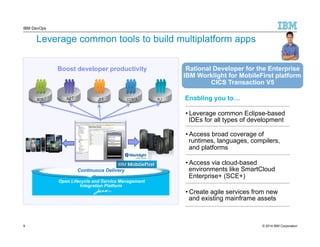 IBM DevOps 
Leverage common tools to build multiplatform apps 
Rational Developer for the Enterprise 
IBM Worklight for MobileFirst platform 
CICS Transaction V5 
Enabling you to… 
• Leverage common Eclipse-based 
IDEs for all types of development 
• Access broad coverage of 
runtimes, languages, compilers, 
and platforms 
• Access via cloud-based 
environments like SmartCloud 
Enterprise+ (SCE+) 
• Create agile services from new 
and existing mainframe assets 
Boost developer productivity 
Continuous Delivery 
Open Lifecycle and Service Management 
Integration Platform 
9 
© 2014 IBM Corporation 
 