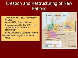 Creation and Restructuring of New Nations Germany Split:  East – controlled by USSR   West – USA, France, Britain Japan occupied by the U.S. – Led by MacArthur - Created a constitution Israel Declared a sovereign nation Decolonization begins in India and Africa 