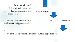 2.
submucosa.
distension)
4.
Edema+ Mucosal
Ulceration+ Bacterial
Translocation to the
3. Venous Obstruction (due to further
intraluminal appendiceal
Ischemia= Bacterial Invasion= Acute Appendicitis
intraluminal
14
 
