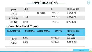 INVESTIGATIONS
NAME OR LOGO 78
SURGERY
PDW 14.8 fL 11.00-22.00
NEU# 10.70 H 10^3/ul 1.60-7.00
LYMPH# 1.58 10^3/ul 1.00-4.00
MON# 0.98 10^3/ul 0.20-1.20
○ Complete Blood Count
PARAMETER NORMAL ABNORMAL UNITS REFERENCE
RANGE
EOS# 0.05 10^3/ul 0.0-0.50
BAS# 0.05 10^3/ul 0.00-0.30
 