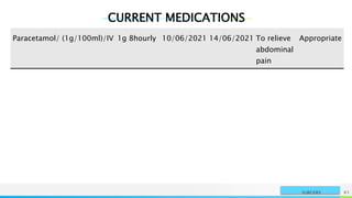 CURRENT MEDICATIONS
NAME OR LOGO 83
SURGERY
Paracetamol/ (1g/100ml)/IV 1g 8hourly 10/06/2021 14/06/2021 To relieve
abdominal
pain
Appropriate
 
