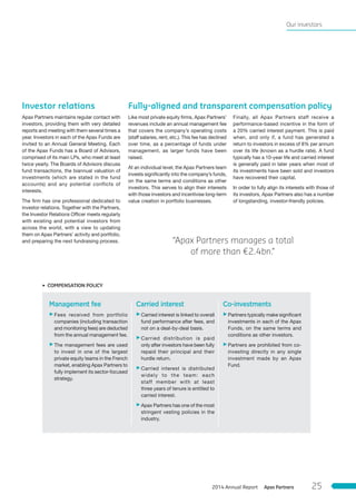 Our investors
“Apax Partners manages a total
of more than €2.4bn.”
Investor relations
Apax Partners maintains regular contact with
investors, providing them with very detailed
reports and meeting with them several times a
year. Investors in each of the Apax Funds are
invited to an Annual General Meeting. Each
of the Apax Funds has a Board of Advisors,
comprised of its main LPs, who meet at least
twice yearly. The Boards of Advisors discuss
fund transactions, the biannual valuation of
investments (which are stated in the fund
accounts) and any potential conflicts of
interests.
The firm has one professional dedicated to
investor relations. Together with the Partners,
the Investor Relations Officer meets regularly
with existing and potential investors from
across the world, with a view to updating
them on Apax Partners’ activity and portfolio,
and preparing the next fundraising process.
Fully-aligned and transparent compensation policy
Like most private equity firms, Apax Partners’
revenues include an annual management fee
that covers the company’s operating costs
(staff salaries, rent, etc.). This fee has declined
over time, as a percentage of funds under
management, as larger funds have been
raised.
At an individual level, the Apax Partners team
invests significantly into the company’s funds,
on the same terms and conditions as other
investors. This serves to align their interests
with those investors and incentivise long-term
value creation in portfolio businesses.
3 COMPENSATION POLICY
Management fee
3Fees received from portfolio
companies (including transaction
and monitoring fees) are deducted
from the annual management fee.
3The management fees are used
to  invest in one of the largest
private equity teams in the French
market, enabling Apax Partners to
fully implement its sector-focused
strategy.
Carried interest
3Carried interest is linked to overall
fund performance after fees, and
not on a deal-by-deal basis.
3Carried distribution is paid
only after investors have been fully
repaid their principal and their
hurdle return.
3Carried interest is distributed
widely to the team: each
staff  member with at least
three years of tenure is entitled to
carried interest.
3Apax Partners has one of the most
stringent vesting policies in the
industry.
Co-investments
3Partners typically make significant
investments in each of the Apax
Funds, on the same terms and
conditions as other investors.
3Partners are prohibited from co-
investing directly in any single
investment made by  an Apax
Fund.
Finally, all Apax Partners staff receive a
performance-based incentive in the form of
a 20% carried interest payment. This is paid
when, and only if, a fund has generated a
return to investors in excess of 8% per annum
over its life (known as a hurdle rate). A fund
typically has a 10-year life and carried interest
is generally paid in later years when most of
its investments have been sold and investors
have recovered their capital.
In order to fully align its interests with those of
its investors, Apax Partners also has a number
of longstanding, investor-friendly policies.
Apax Partners2014 Annual Report 25
 