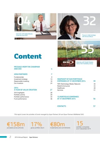 Content
04 32
55
Interview with Eddie Misrahi,
Chairman and CEO Focus on debt strategy
with Annick Bitoun
Interview with Ewald Draaijer,
CEO of SK FireSafety Group
MESSAGE FROM THE CHAIRMAN
AND CEO 4
APAX PARTNERS 7
Fundamentals 8
Investment strategy 13
Responsible investing 18
Our investors 24
2014
A YEAR OF VALUE CREATION 27
2014 highlights 28
Portfolio activity 29
Portfolio performance 34
Fund performance 36
SNAPSHOT OF OUR PORTFOLIO
COMPANIES AT 31 DECEMBER 2014 39
TMT (Technology-Media-Telecom) 40
Retail & Consumer 44
Healthcare 48
Services 51
15 PORTFOLIO COMPANIES
AT 31 DECEMBER 2014 56
CONTACTS 57
This report covers the activities of funds managed by Apax Partners SA and Apax Partners MidMarket SAS.
€158mproceeds across all funds
17%gross portfolio return
€80minvestments and commitments
15portfolio companies
at 31 December 2014
Apax Partners2014 Annual Report2
 