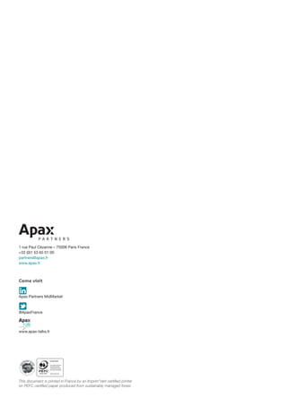 1 rue Paul Cézanne – 75008 Paris France
+33 (0)1 53 65 01 00
partners@apax.fr
www.apax.fr
Come visit
lApax Partners MidMarket
T@ApaxFrance
www.apax-talks.fr
10-31-2711
Certifié PEFC
Ce produit est issu
de forêts gérées
durablement et de
sources contrôlées.
pefc-france.org
This document is printed in France by an Imprim’Vert certiﬁed printer
on PEFC certiﬁed paper produced from sustainably managed forest.
 