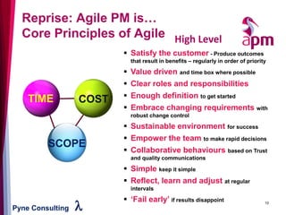 Pyne Consulting l
Reprise: Agile PM is…
Core Principles of Agile High Level
▪ Satisfy the customer - Produce outcomes
that result in benefits – regularly in order of priority
▪ Value driven and time box where possible
▪ Clear roles and responsibilities
▪ Enough definition to get started
▪ Embrace changing requirements with
robust change control
▪ Sustainable environment for success
▪ Empower the team to make rapid decisions
▪ Collaborative behaviours based on Trust
and quality communications
▪ Simple keep it simple
▪ Reflect, learn and adjust at regular
intervals
▪ ‘Fail early’ if results disappoint
TIME
SCOPE
COST
10
 