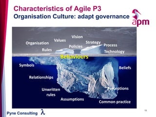 Pyne Consulting l
Characteristics of Agile P3
Organisation Culture: adapt governance
Vision
Strategy
Technology
ProcessPolicies
Values
Organisation
Rules
Behaviours
Symbols
Relationships
Perceptions
Beliefs
Assumptions
Unwritten
rules
Common practice
13
 