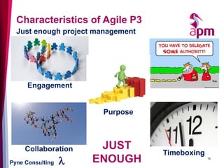 Pyne Consulting l 15
Timeboxing
Collaboration
Engagement
Purpose
JUST
ENOUGH
Characteristics of Agile P3
Just enough project management
 