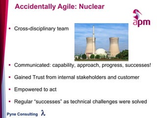 Pyne Consulting l
▪ Cross-disciplinary team
▪ Communicated: capability, approach, progress, successes!
▪ Gained Trust from internal stakeholders and customer
▪ Empowered to act
▪ Regular “successes” as technical challenges were solved
Accidentally Agile: Nuclear
 