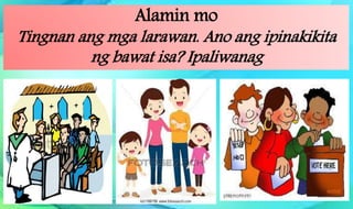 Alamin mo
Tingnan ang mga larawan. Ano ang ipinakikita
ng bawat isa? Ipaliwanag
 