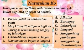 Hanapin sa hanay B ang inilalarawan sa hanay A.
Isulat ang letra ng sagot sa notbuk.
1. Pinakamaliit na politikal na
yunit
2. May kitang 20 milyon o higit pa
3. Tawag sa lehislatibong sangay
ng lalawigan
4. Lehislatibong sangay sa bayan
5. Namumuno sa bayan o lungsod
A. Alkalde
B. Barangay
C. Lalawigan
D. Lungsod
E. Sangguniang
pambayan
F. Sangguniang
Panlalawigan
A B
 