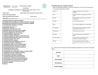 DELHI PUBLIC SCHOOL
NACHARAM
CAMBRIDGE ASSESSMENT INTERNATIONAL EDUCATION – IN174
AY 2023 -2024
SUBJECT: English Subject Facilitator: Ms Porna Ojha/ Ms Cassandra Andrews
Worksheet No: AY2023-24/English
GRADE: VIII (Checkpoint Revision booklet) Section: A and B
Student Name: ____________________
1.Identifying Figurative Language Techniques
2. Identifying and Commenting on the Effect of Figurative Language
3.Identifying and Commenting on the Effect of Figurative Language
4: Using Figurative Language in our Writing
5: Extracting details from a text
6: Making Basic Inferences
7: Making Basic Inferences from a Text
8: Becoming Familiar with 19th Century Language
9: Analysing Language from 19th Century Texts
10: Comparing Different Non-Fiction Texts
11: Arguing For/Against a Statement
12: Analysing Language Techniques in a Non-Fiction Text
13: Skimming and Scanning a Non-Fiction Text for Details
14: Drawing Conclusions from a Text
15: Tackling Unfamiliar Language
16: Identifying Figurative Language in an Extract
17: Considering an Author’s Word Choice
18: Analysing the Author’s Use of Characterisation
19: Identifying Persuasive Techniques in a Speech
20: Punctuating Writing for Clarity and Coherence
21: Comparing Non-Fiction Texts
22: Summarising a Non-Fiction Text
23: Analysing the Use of Language to Achieve a Particular Effect
24: Identifying Persuasive Language Techniques
25: Identifying Punctuation and Its Usage
26: Commenting on the Effect of Opening Lines
27: Identifying the Effects of Structural Features
28: Commenting on the Effects of Structural Features
29: Evaluating the Success of the Author’s Language
30: Exemplar Text types with follow up exercise
31.Structure handouts.
32.Glossary
1: Identifying Figurative Language Techniques
Match the language techniques to the correct definitions. If there are any that you are
unsure about, look them up online.
Adjectives Language intended to create an emotional
response.
Verbs A word that modifies a verb, adjective or another
adverb.
Adverbs Figure of speech when one thing is compared to
something else.
Metaphor A word that describes a noun.
Simile A use of obvious exaggeration for rhetorical effect.
Onomatopoeia Figure of speech when one thing is compared to
something else using ‘like’ or ‘as.’
Personification A word that conveys an action.
Hyperbole A metaphor attributing human feelings to an
object.
Emotive Language A written form to show that two or more
characters are having a conversation.
Dialogue The use of words that imitate the sounds
associated with the objects or actions they refer
to.
a) Write your own example including the following techniques as a sentence in the table
below:
Metaphor
Simile
Onomatopoeia
Personification
Emotive language
 