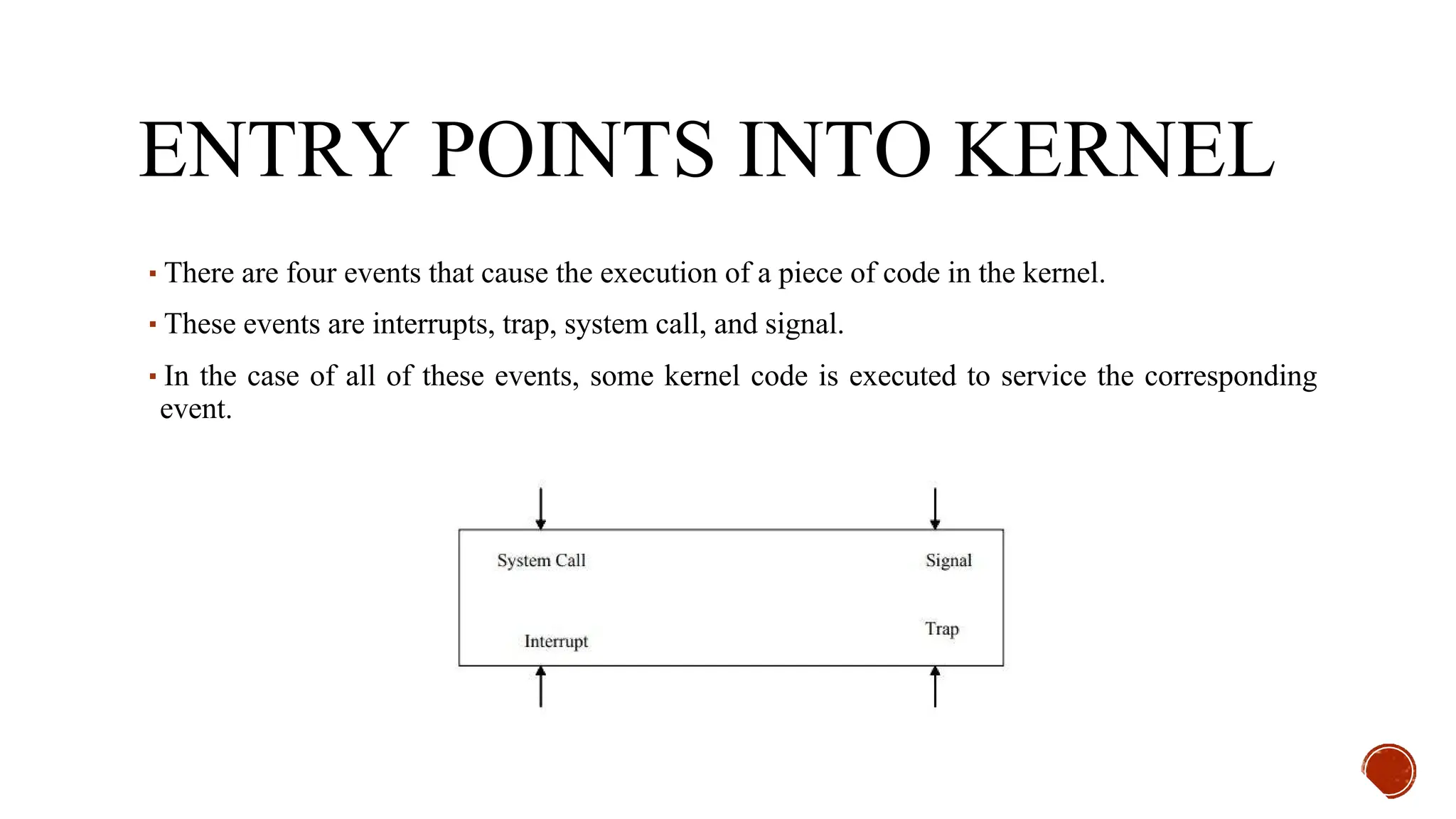 ENTRY POINTS INTO KERNEL
▪There are four events that cause the execution of a piece of code in the kernel.
▪These events are interrupts, trap, system call, and signal.
▪In the case of all of these events, some kernel code is executed to service the corresponding
event.
 