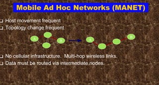Mobile Ad Hoc Networks (MANET)
❑ Host movement frequent
❑ Topology change frequent
❑ No cellular infrastructure. Multi-hop wireless links.
❑ Data must be routed via intermediate nodes.
A
B A
B
 