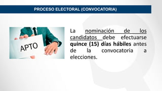 PROCESO ELECTORAL (CONVOCATORIA)
La nominación de los
candidatos debe efectuarse
quince (15) días hábiles antes
de la convocatoria a
elecciones.
 