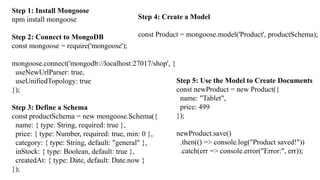 Step 1: Install Mongoose
npm install mongoose
Step 2: Connect to MongoDB
const mongoose = require('mongoose');
mongoose.connect('mongodb://localhost:27017/shop', {
useNewUrlParser: true,
useUnifiedTopology: true
});
Step 3: Define a Schema
const productSchema = new mongoose.Schema({
name: { type: String, required: true },
price: { type: Number, required: true, min: 0 },
category: { type: String, default: "general" },
inStock: { type: Boolean, default: true },
createdAt: { type: Date, default: Date.now }
});
Step 4: Create a Model
const Product = mongoose.model('Product', productSchema);
Step 5: Use the Model to Create Documents
const newProduct = new Product({
name: "Tablet",
price: 499
});
newProduct.save()
.then(() => console.log("Product saved!"))
.catch(err => console.error("Error:", err));
 