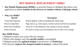 Hot Module Replacement (HMR)
• Hot Module Replacement (HMR) is a powerful feature in Webpack that allows your
application to update modules in the browser at runtime without a full page reload.
• Why Use HMR?
Benefit Description
Faster Development Instant updates without reloading the whole page
Preserve App State Page state (e.g., form inputs, scroll) is preserved between updates
Real-Time Feedback Great for UI development, like styling or layout changes
Faster Iteration No need to restart your development server after every change
How HMR Works
1.Webpack watches your source files for changes.
2.When a file changes, only that specific module is recompiled.
3.Webpack pushes the updated module to the browser via WebSocket.
4.The browser replaces the changed module in memory, without full reload.
 