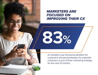 MARKETERS ARE
FOCUSED ON
IMPROVING THEIR CX
83%
of marketers say that personalization for
customers and personalization fo...